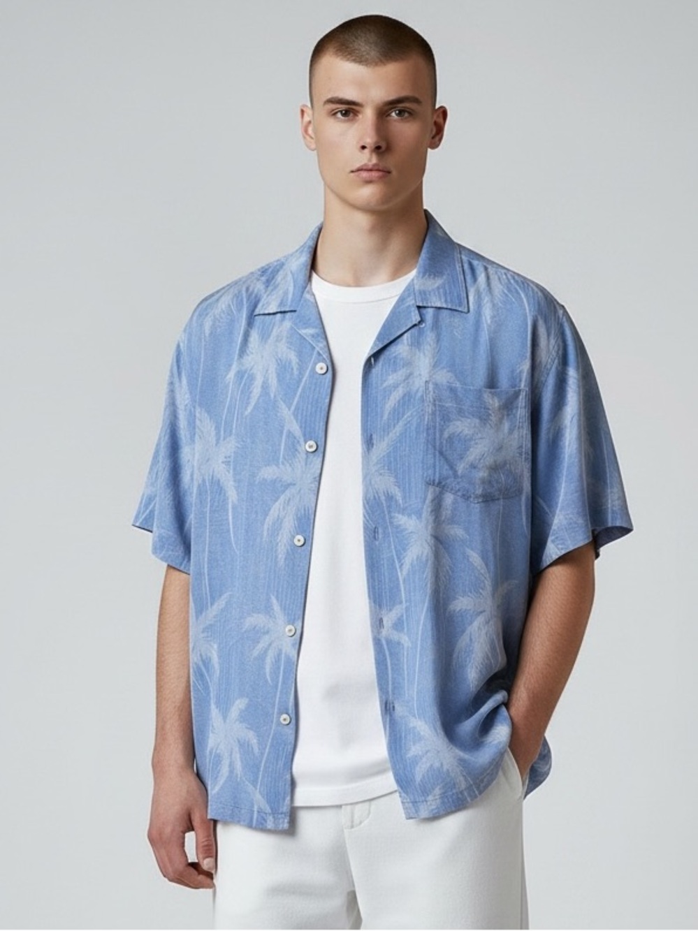 EUC Tommy Bahama Silk Blue Palm Camp Shirt Size L